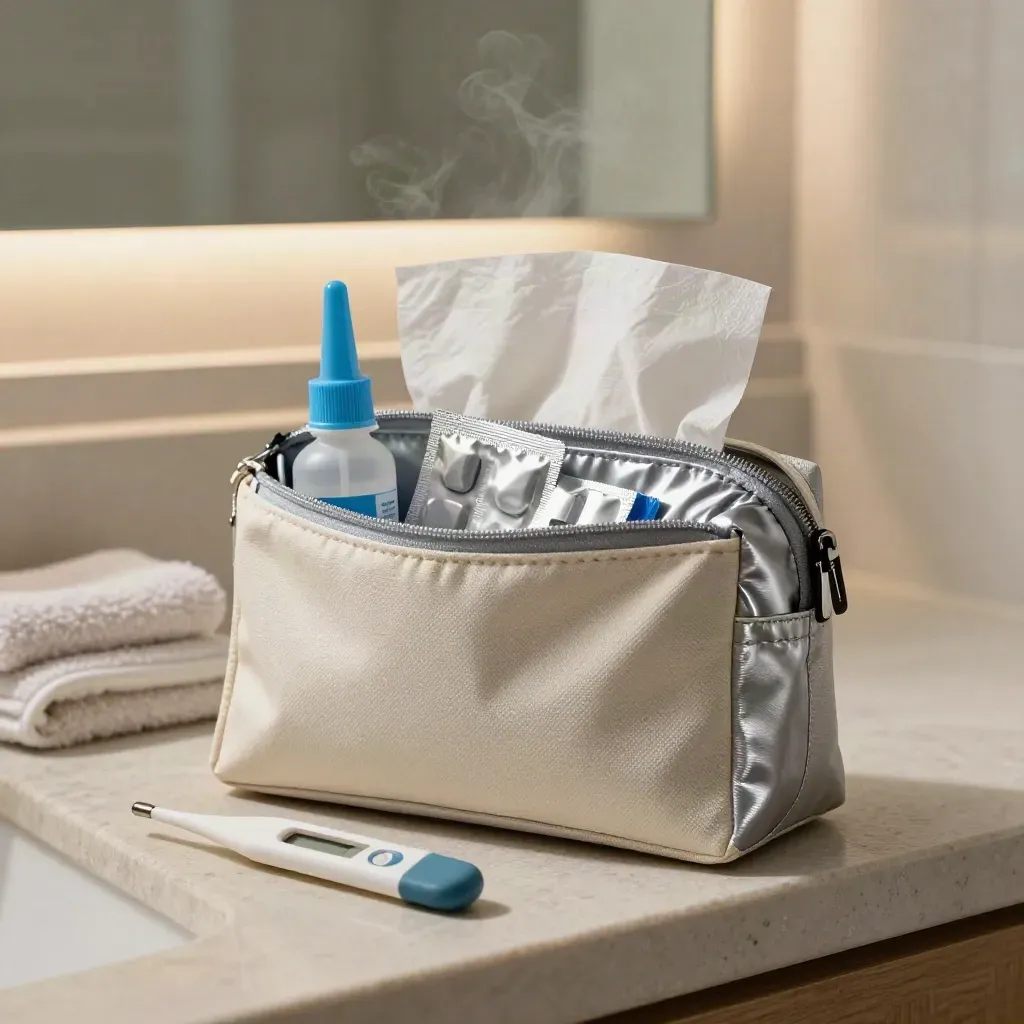 Kit da raffreddore in borsa farmacia con spray nasale, pastiglie, termometro e fazzoletti.