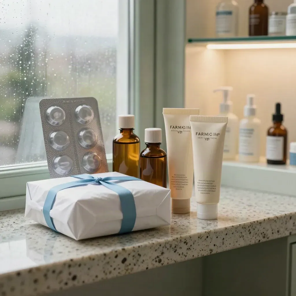 Bundle farmaceutico premium con blister, flaconi ambrati, creme e pacco bianco su mensola in travertino.