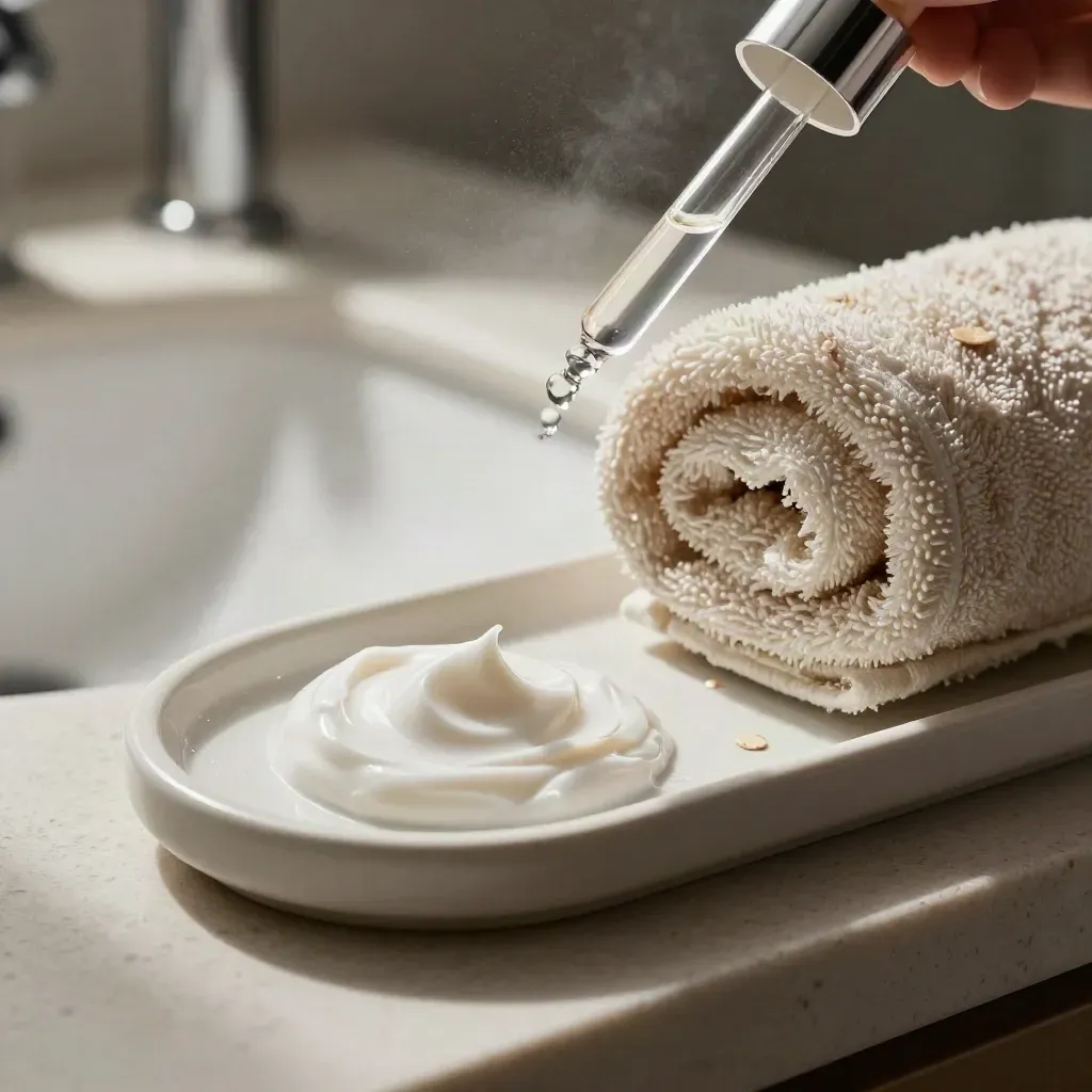 Vassoio bagno con siero, crema, asciugamano arrotolato e flacone spray accanto al lavabo.