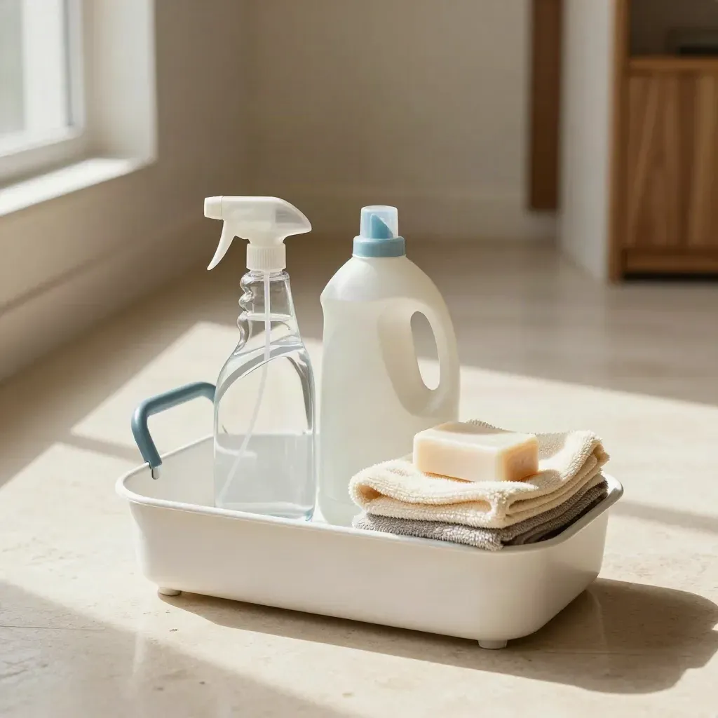 Caddy con detergenti, spray multiuso, panni in microfibra e saponetta su pavimento lucido.
