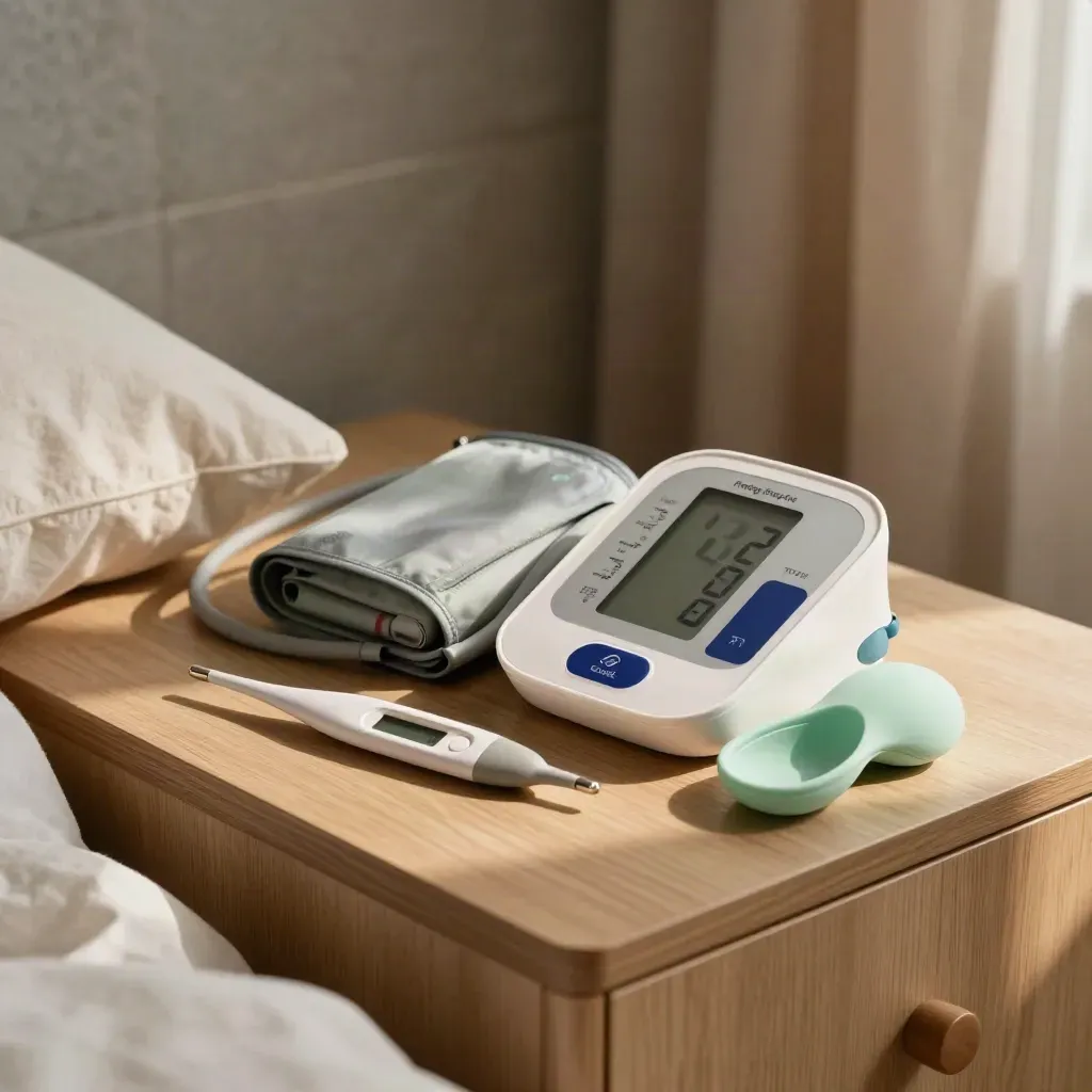 Kit medico domestico con termometro, saturimetro e misuratore di pressione sul comodino