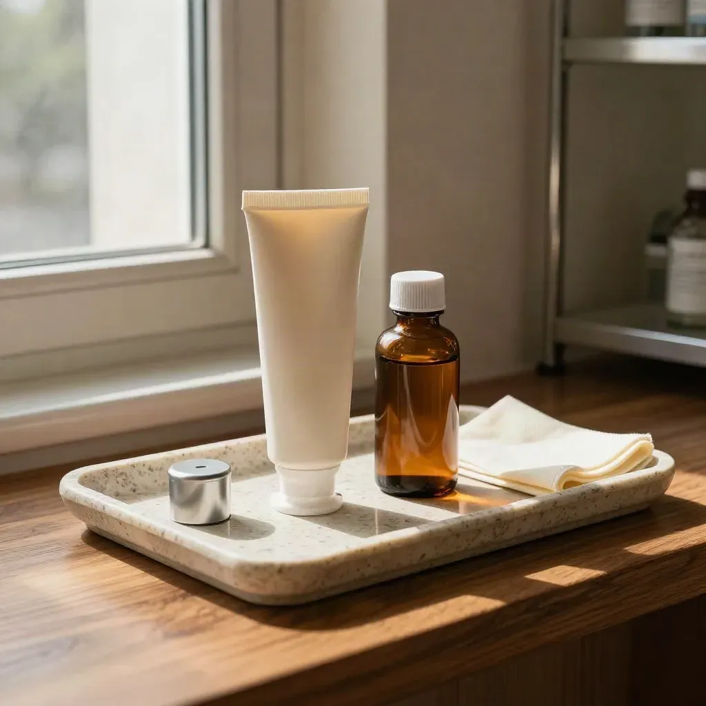 Tre prodotti farmacia su vassoio neutro, luce calda e ambiente premium.