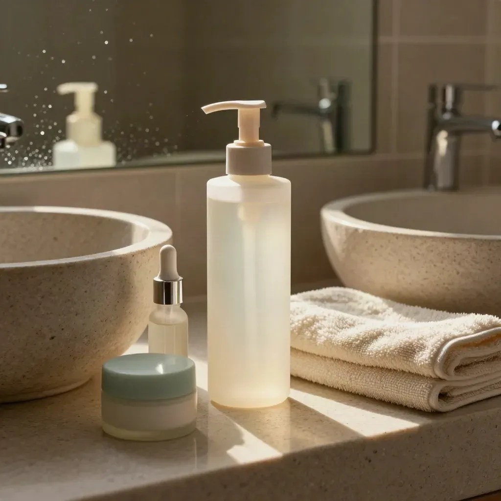 Routine viso su lavabo con detergente, siero, crema e asciugamano piegato in un bagno caldo.