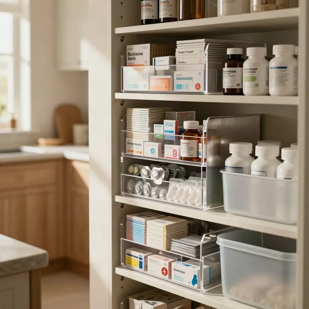 Dispensa familiare riordinata con farmaci, vitamine e igiene in cucina luminosa