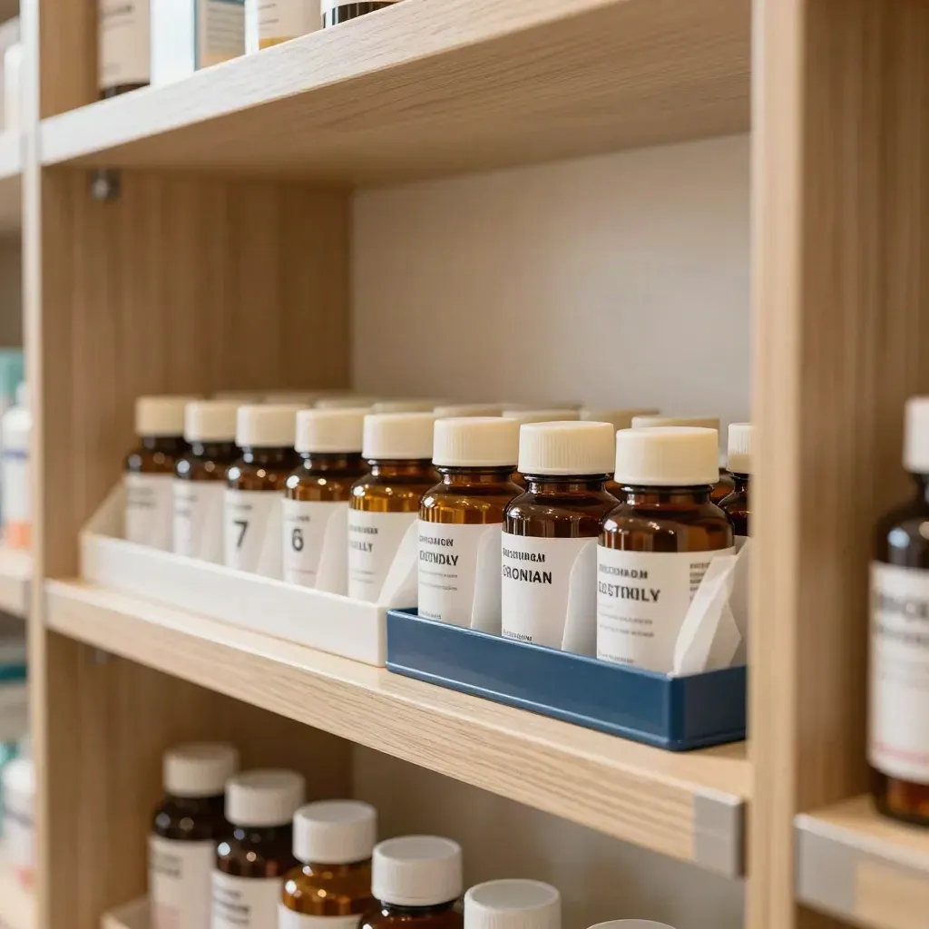 Scaffale farmacia riassortito con integratori, organizer settimanale e scatola di ricarica