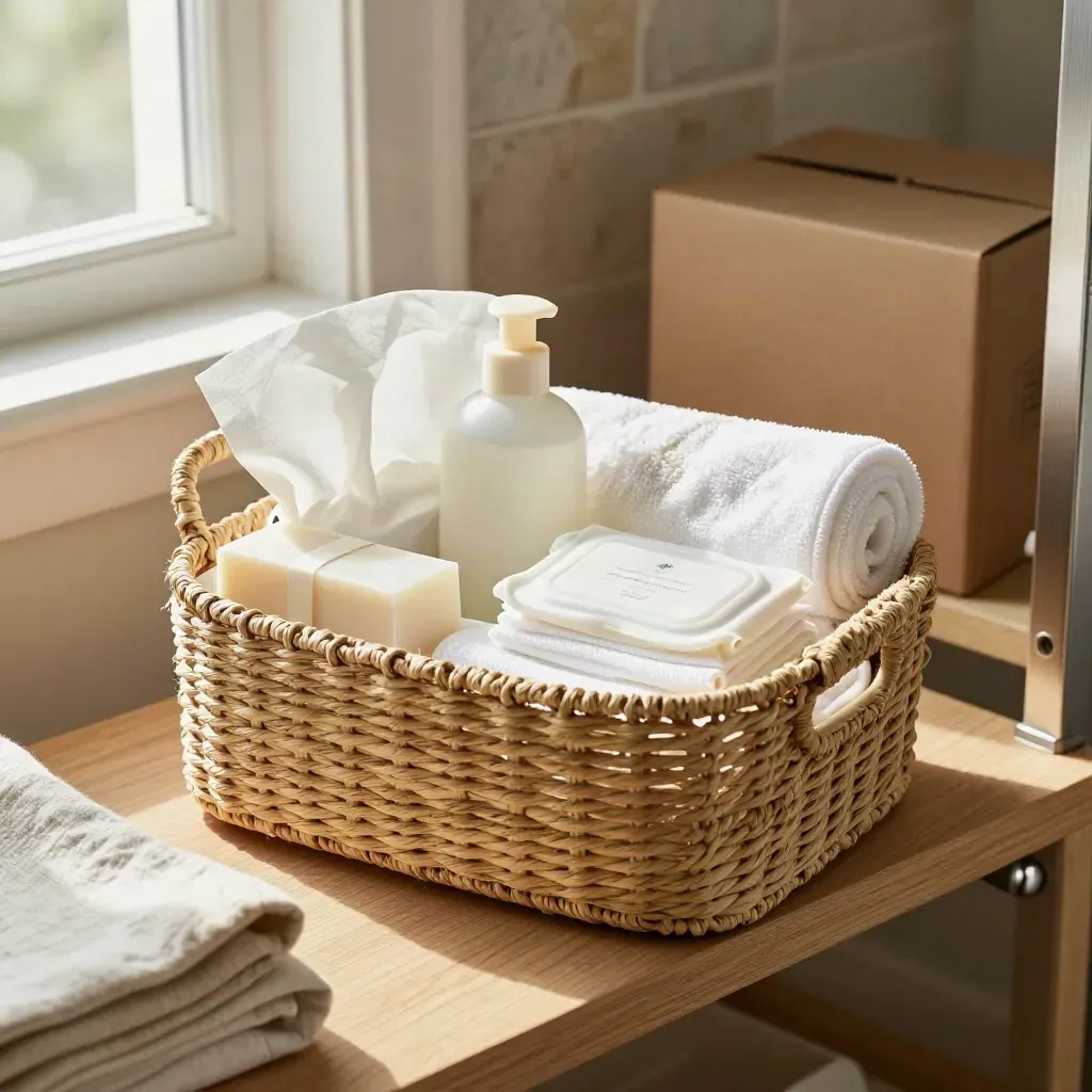 Cesto con kit igiene casa e bambino, pronto per la spedizione su scaffale in legno chiaro.