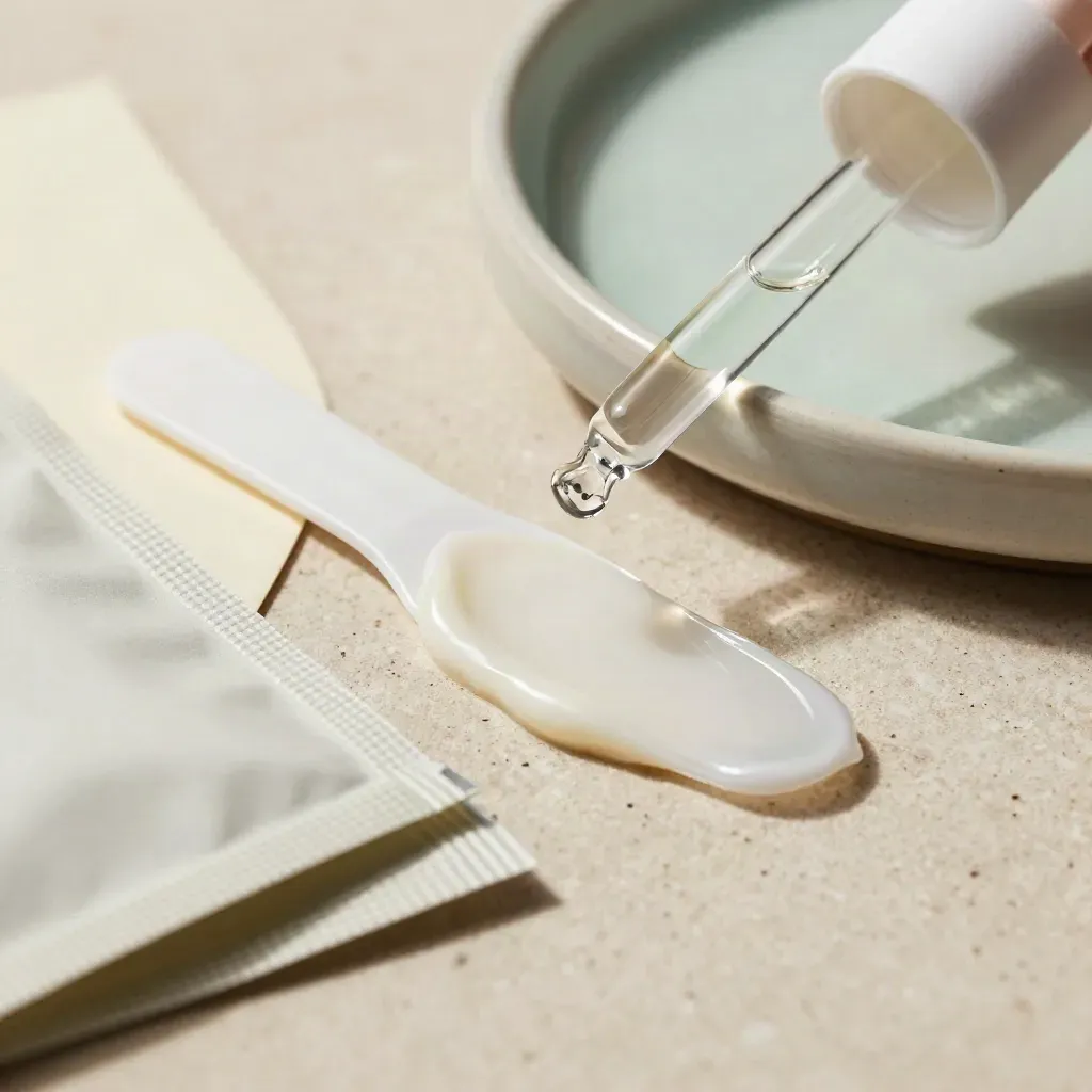 Spatolina, contagocce e campioncini su piastra ceramica per routine pelle sensibile.