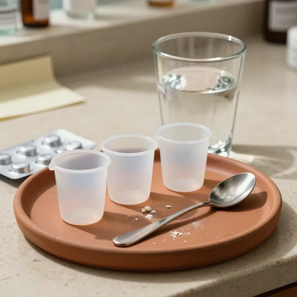 Tre dosatori, bicchiere d'acqua, blister chiuso e cucchiaino su vassoio terracotta.