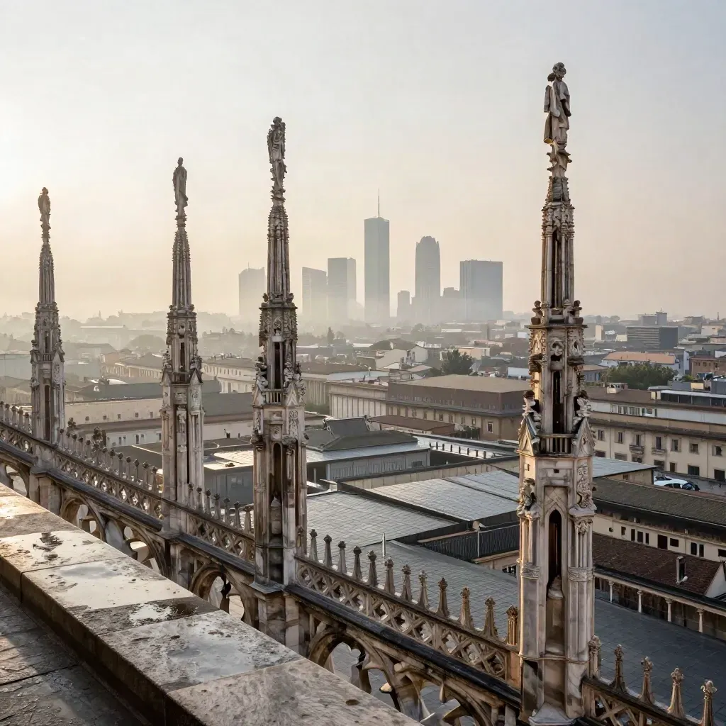 Il Duomo di Milano e i grattacieli lontani nella foschia dorata dopo la pioggia.