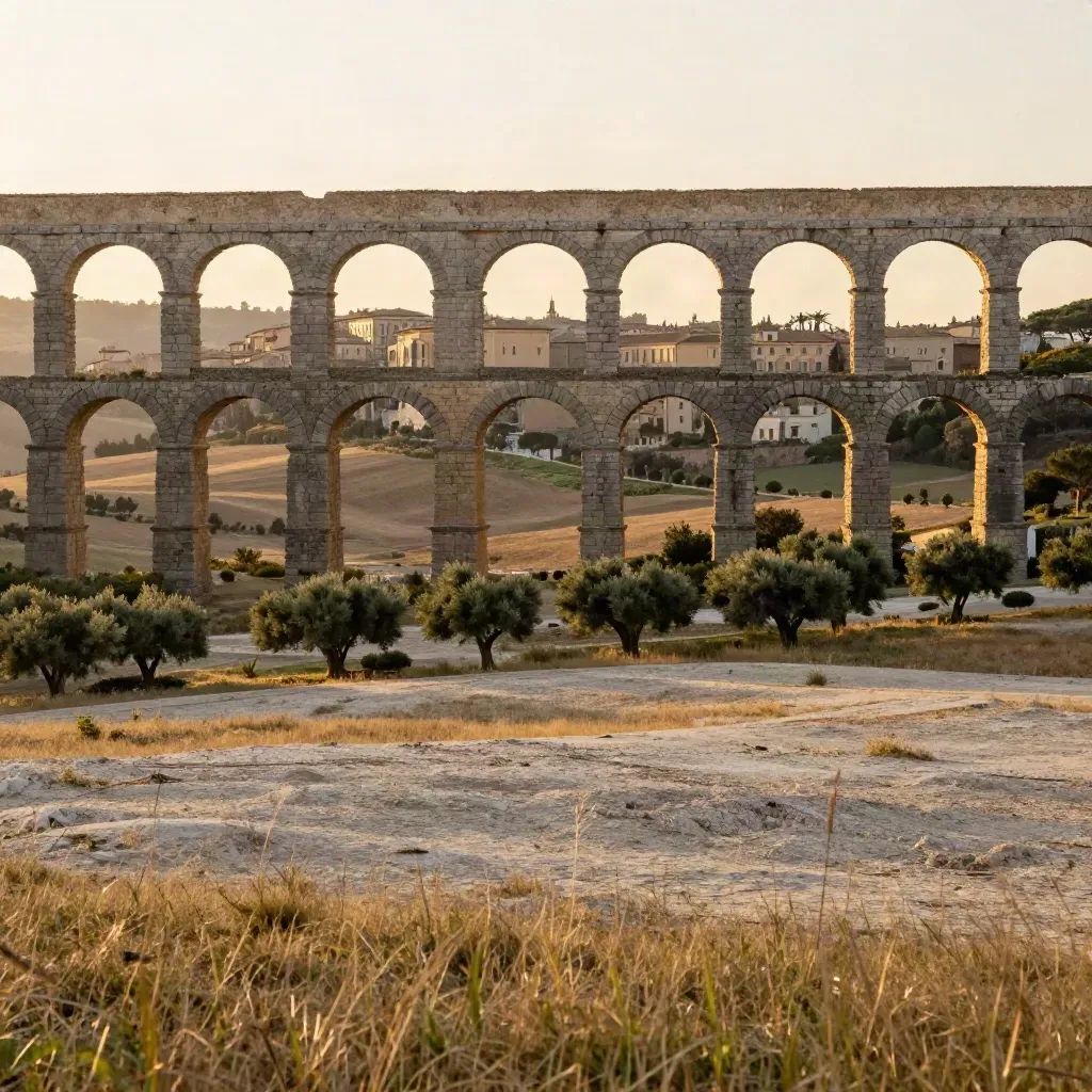 Acquedotto romano sulla campagna laziale al tramonto, con città lontana e luce dorata.