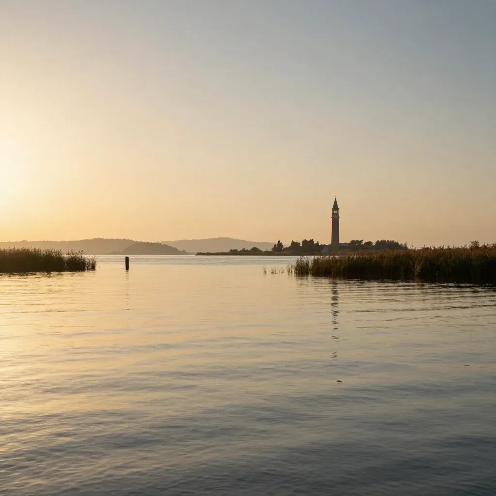 Laguna veneziana al tramonto con campanile lontano e acqua ferma dorata.