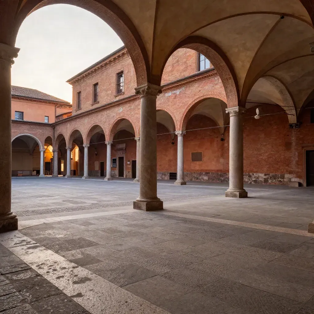 Portici di Bologna al crepuscolo con piazza vuota e luce calda radente.