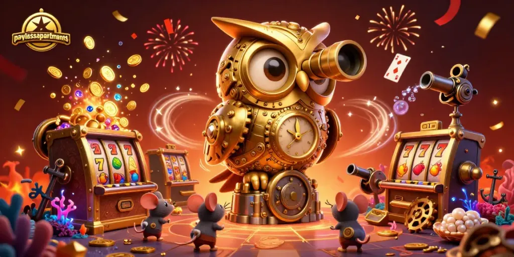 Engage in exciting gaming at paylessapartments, featuring golden owls and slot machines in a vibrant casino.