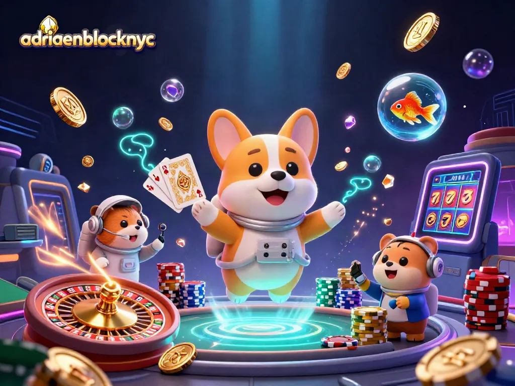 Engage in thrilling casino action with adriaenblocknyc while floating with 3D corgi and vibrant game elements.