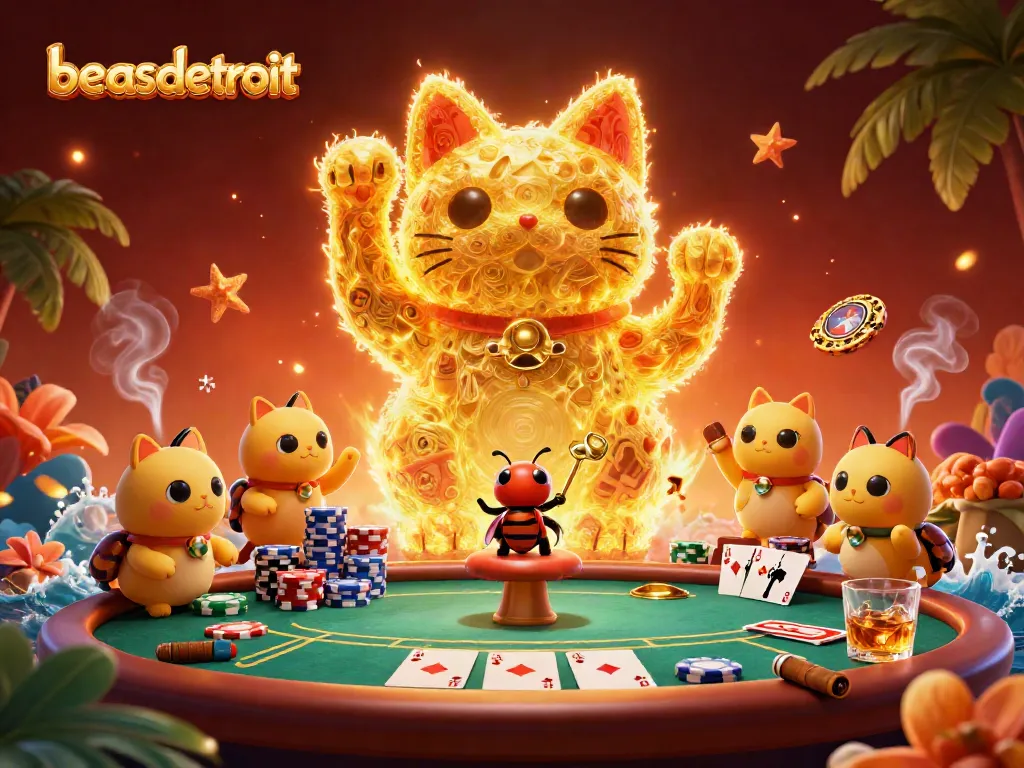 Experience the thrilling world of beasdetroit with golden fireflies and vivid poker action in a captivating casino scene.